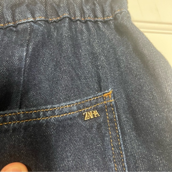 Zara High Rise Balloon Jeans Dark Wash Blue Size 10 Denim Stretch Wide - Picture 7 of 11